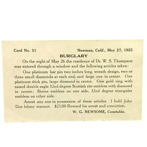 1923 Reward Postcard for Burglary Antique Ephemera Postmarked California Sheriff